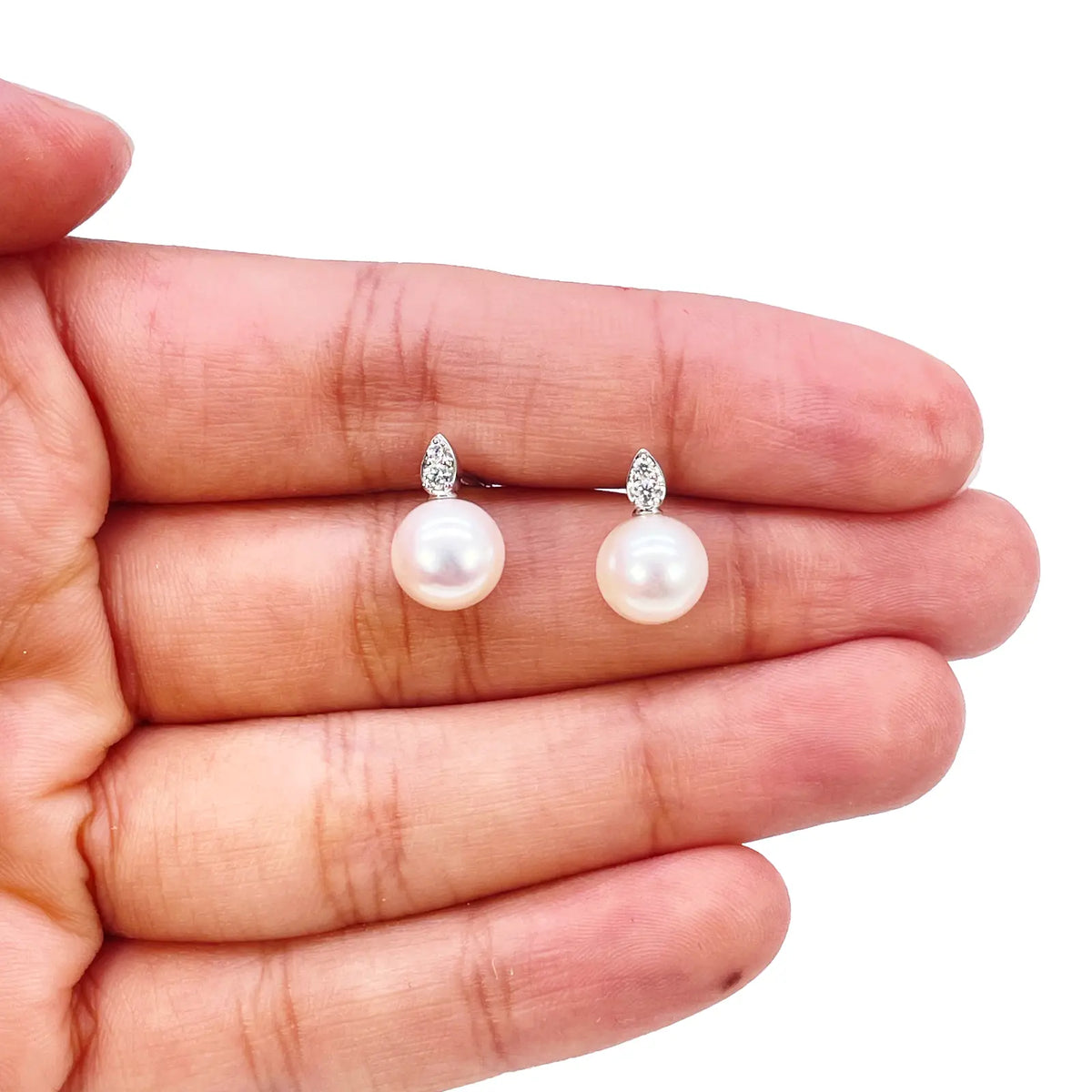18ct White Gold Freshwater Pearl & Diamond Drop Pair Earrings 0.07ct