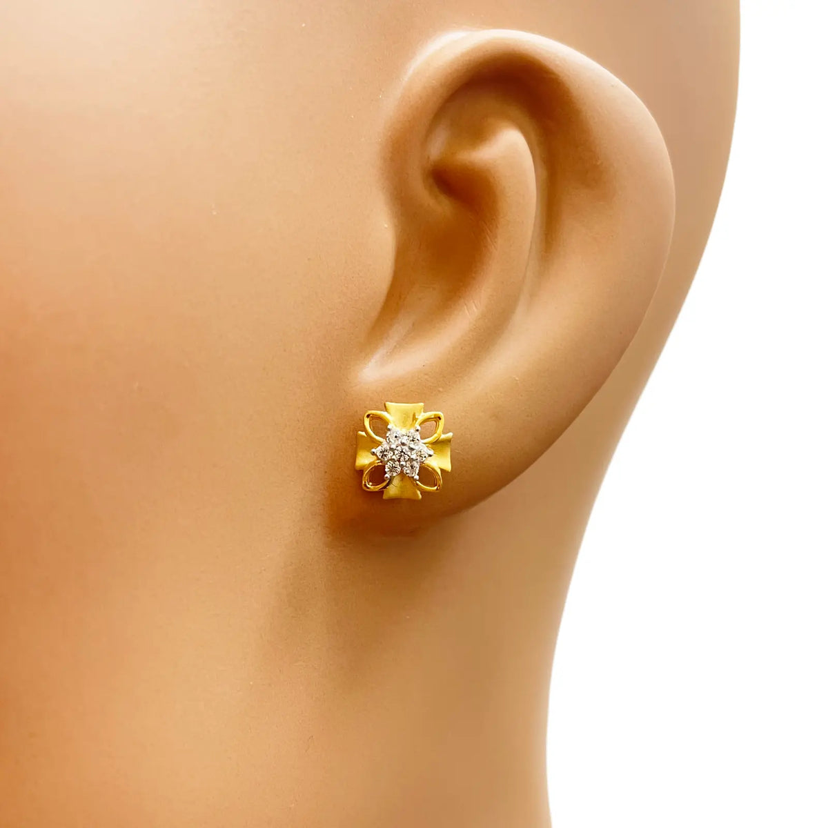 22ct Gold Floral Cubic Zirconia Stud High Polished Matt Earrings Sparkle Design 8.5x8.5mm Gold earring