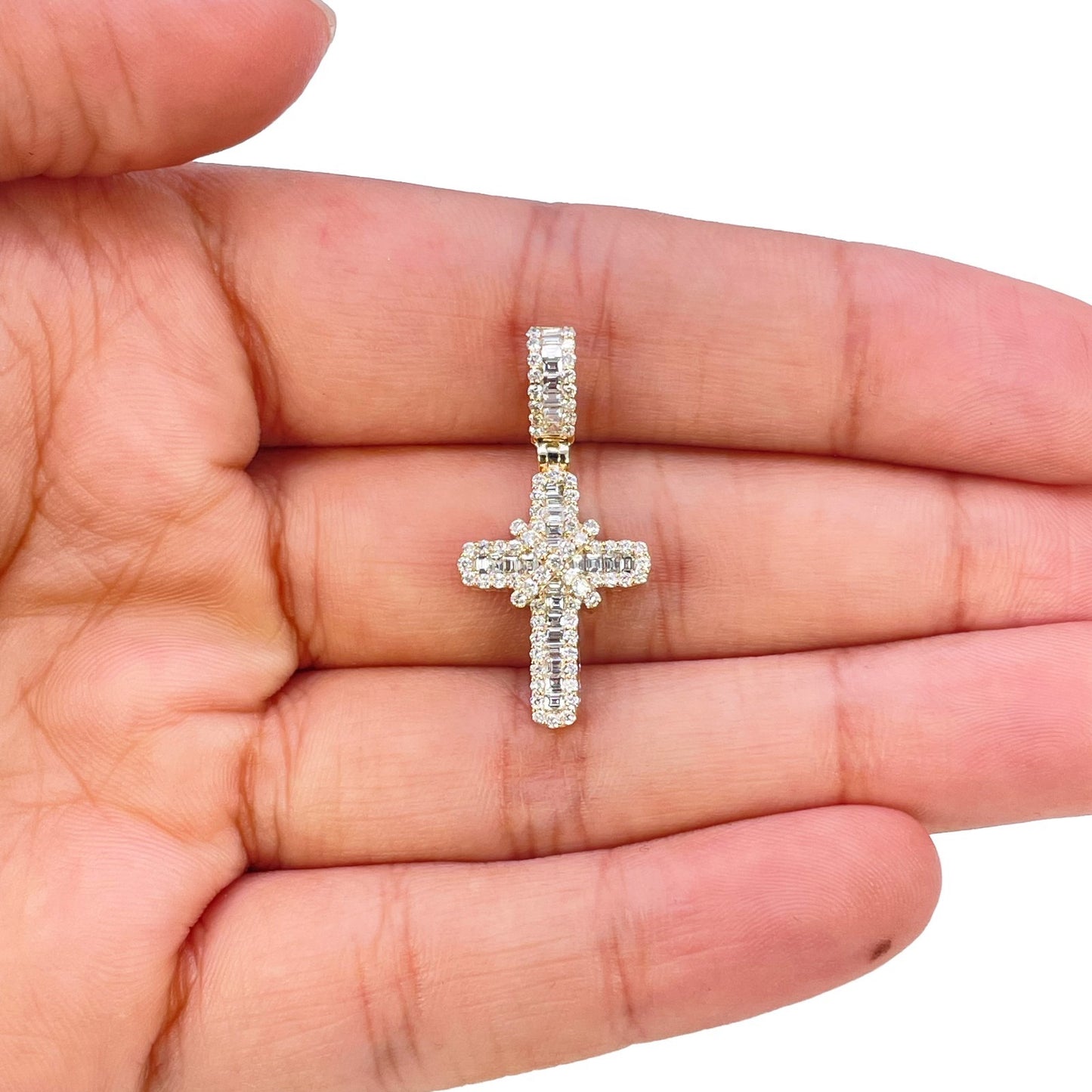 14ct Yellow Gold Natural Diamond Baguette Round Cluster Cross Pendant 0.65ct
