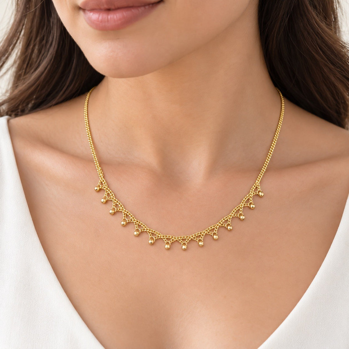 22ct Yellow Gold Fringe Necklace Diamond Cut Ball Drop Mesh Panel