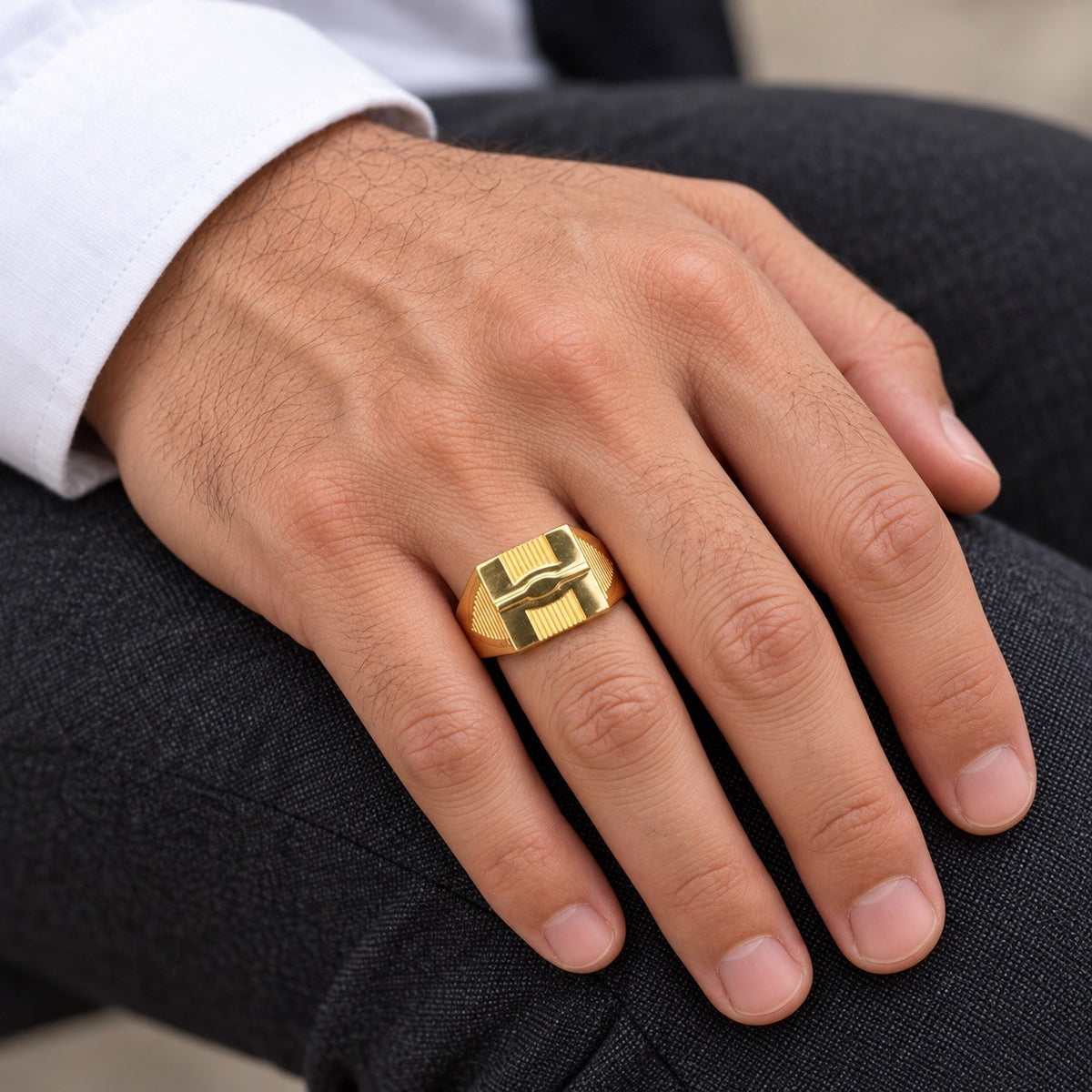 22ct Yellow Gold Geometric Signet Ring Ribbed Fluted Design