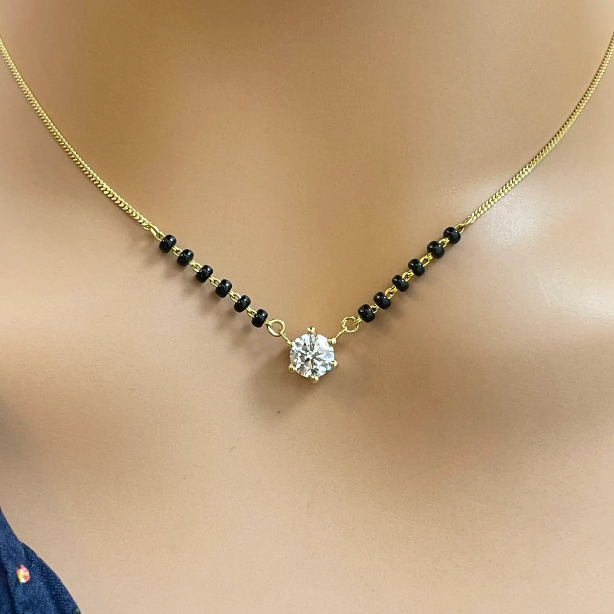 18ct Yellow Gold Lab Grown 6 Claw Diamond 0.70ct Black Beads Mangalsutra Necklace IGI Certified Mangalsutra Chains