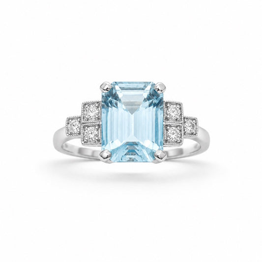 Platinum Emerald Cut Aquamarine Diamond Milgrain Step Shoulder Ring 1.85ct