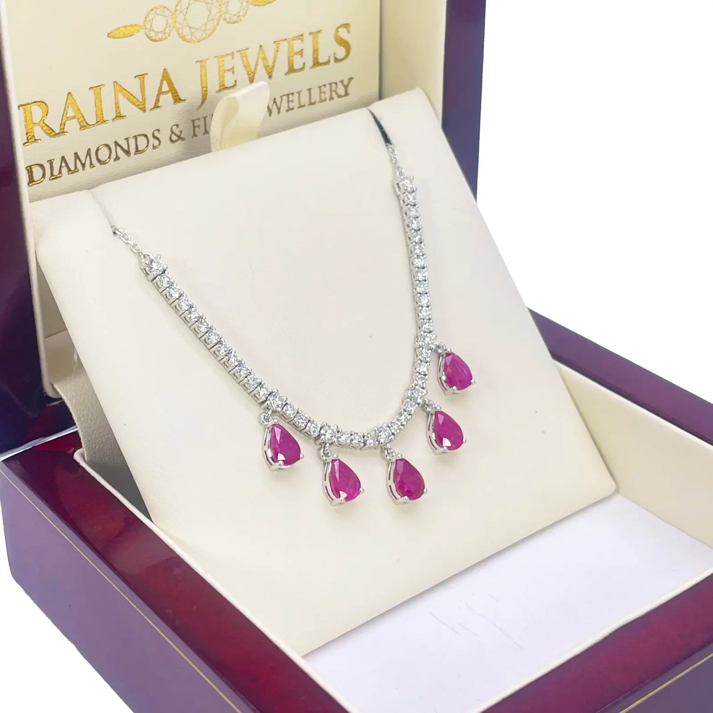 14ct White Gold Natural Round Diamond & Pear Ruby Chain Necklace 17 inches 5.91ct 
