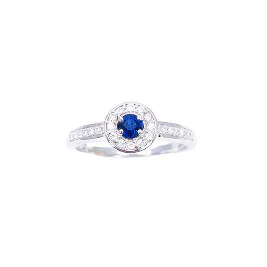 Bague demi-éternité en or 18 carats avec saphir bleu naturel et halo de diamants ronds 0.35ct
