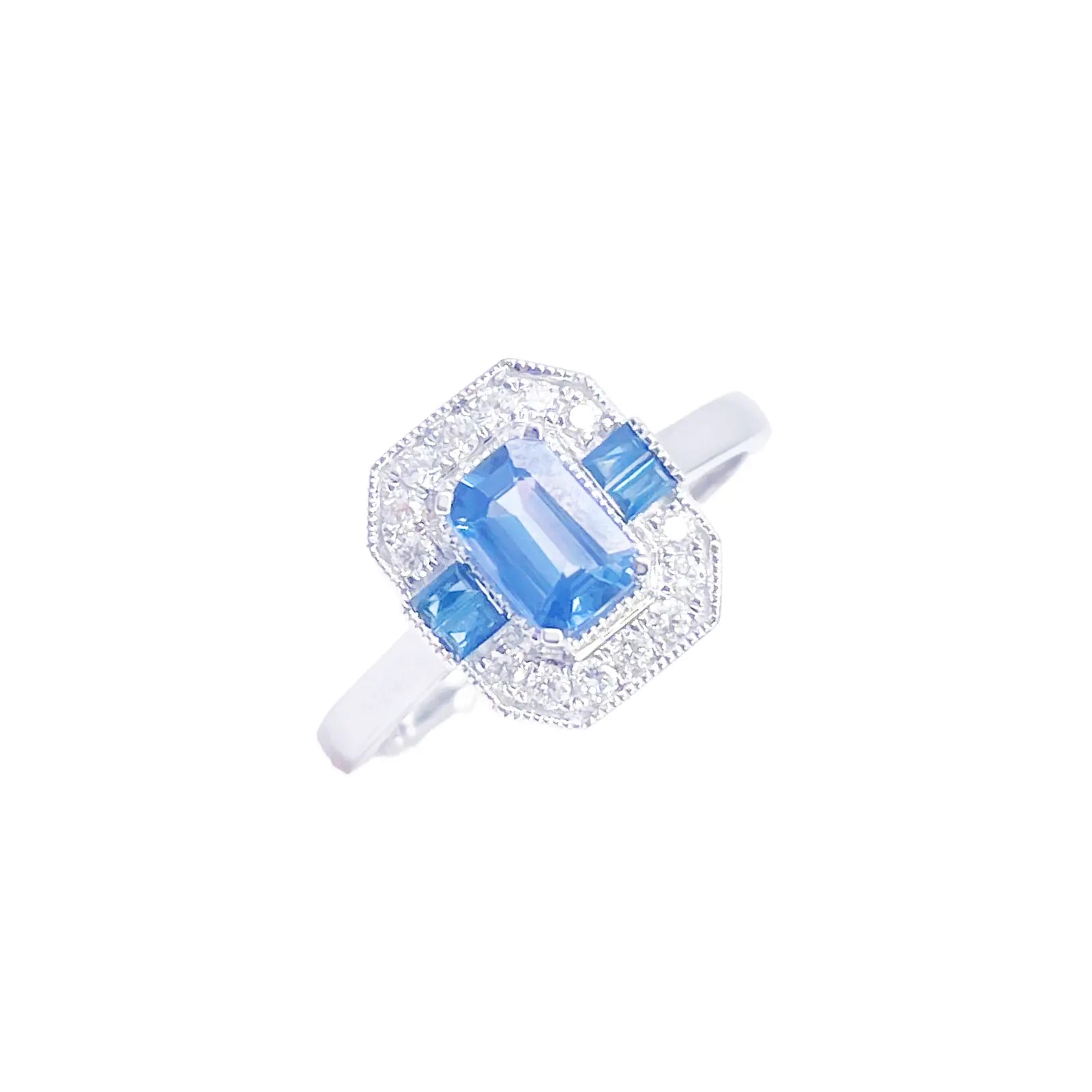 18ct Gold Natural Sapphire Diamond Halo Ring Round & Emerald Cut 1.00ct  Diamond Ring