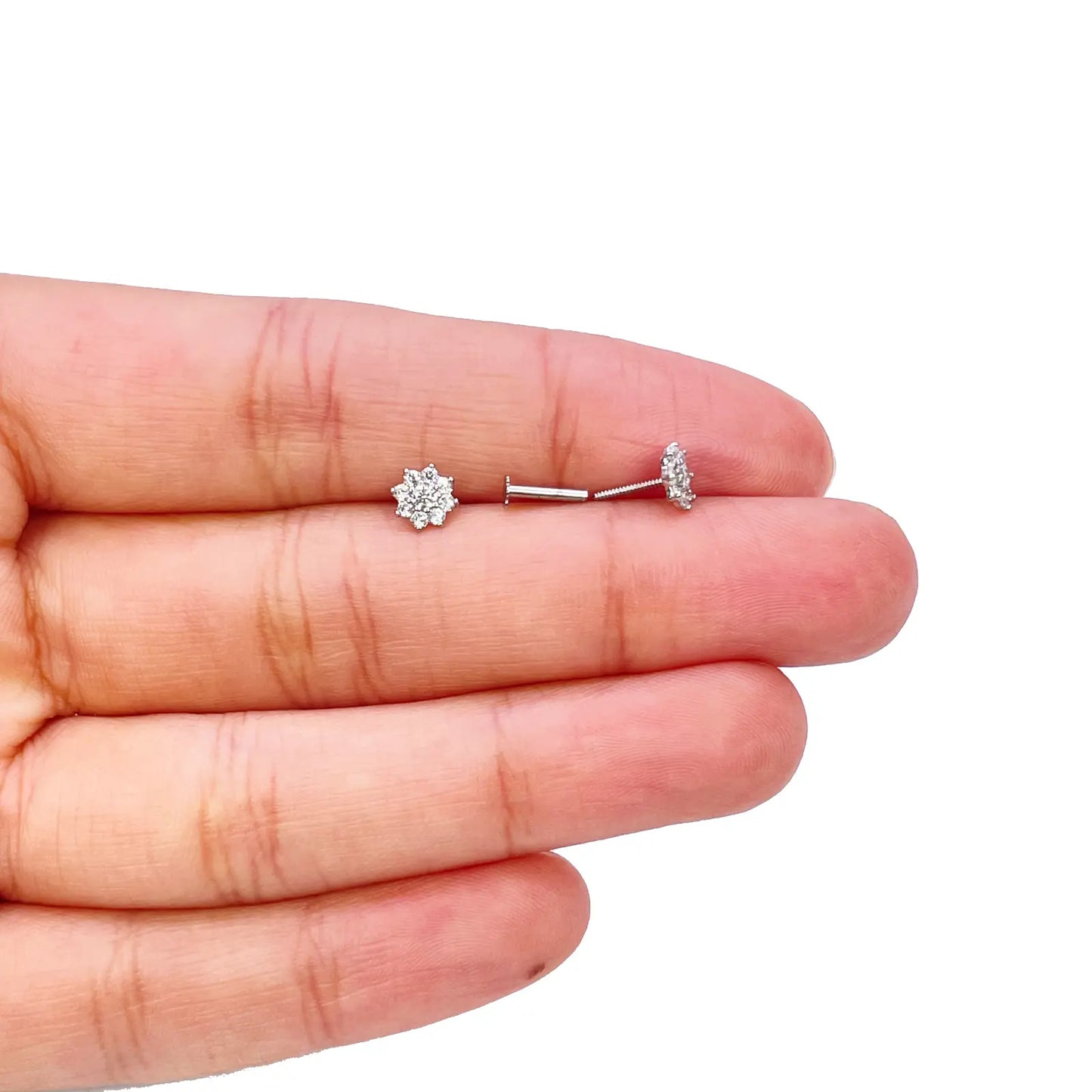 18ct White Gold Beautiful Eight Petal Cubic Zirconia Floral Children's Earrings 5.5mm Length 
