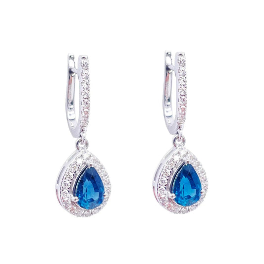 18ct White Gold Diamond & Blue Sapphire Pear Halo Teardrop Hoop Earrings 1.89ct  Diamond earring