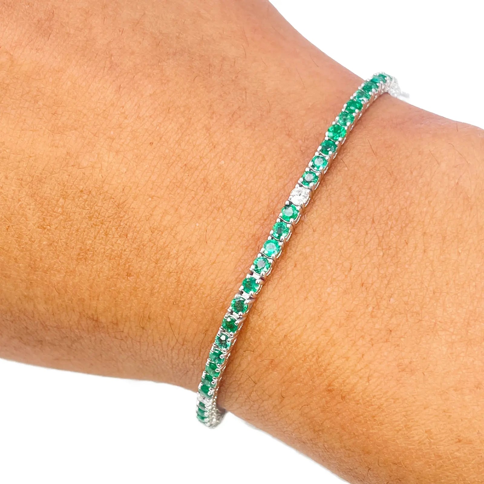 18ct White Gold Natural Round Emerald & Diamond Tennis Bracelet 3.00ct 7 Inches  Diamond Bracelets
