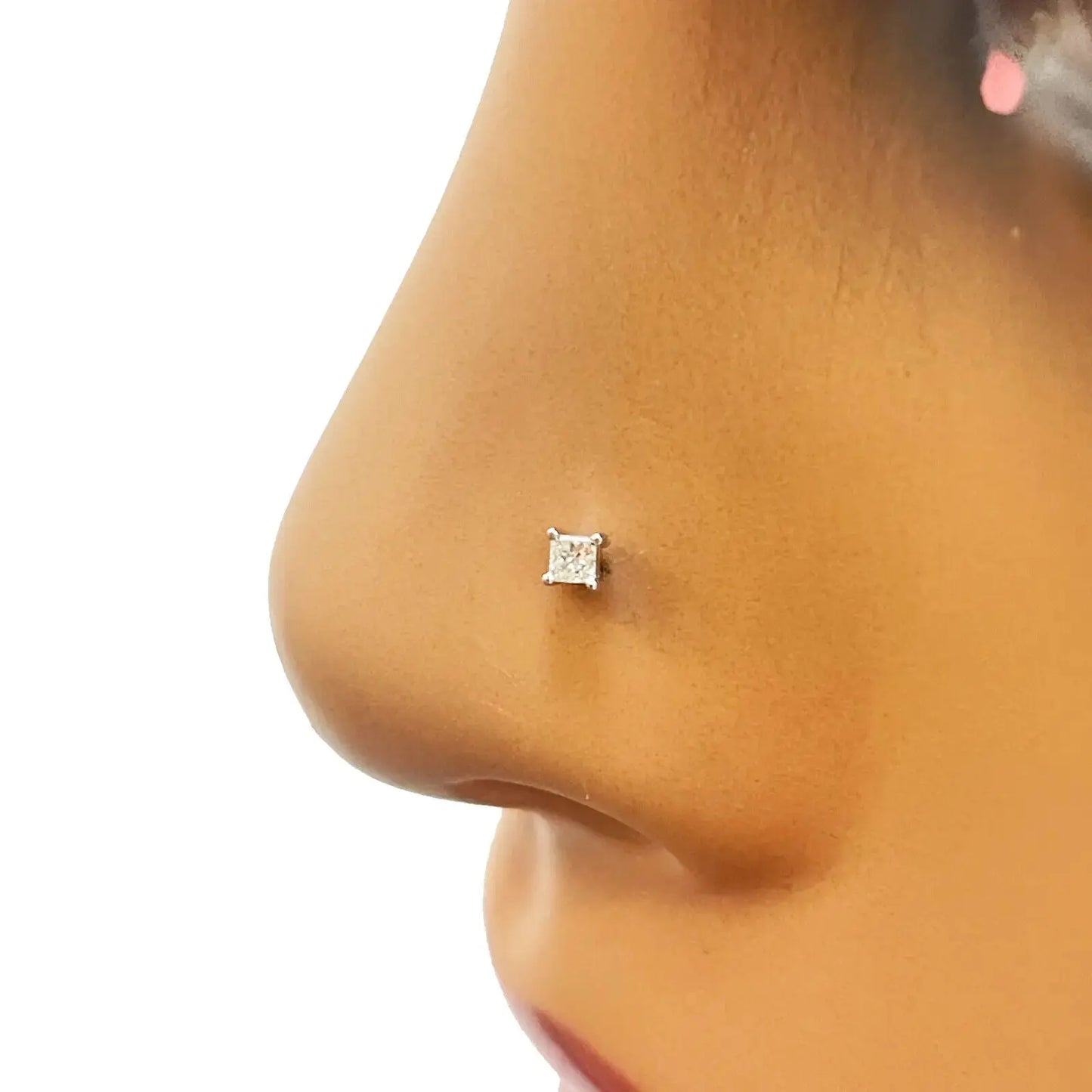 18ct White Or Yellow Gold Princess Diamond Nose Stud Pin 0.15ct 4 claw 3.4mm  Body Piercings