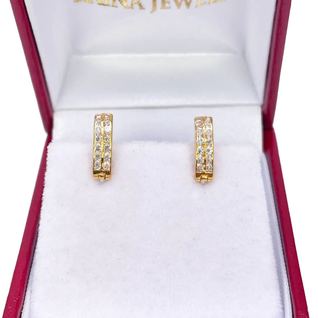 18ct Yellow Gold Pair Of Two Row Cubic Zirconia Hoop Huggie Earrings 6.5mm Diameter 