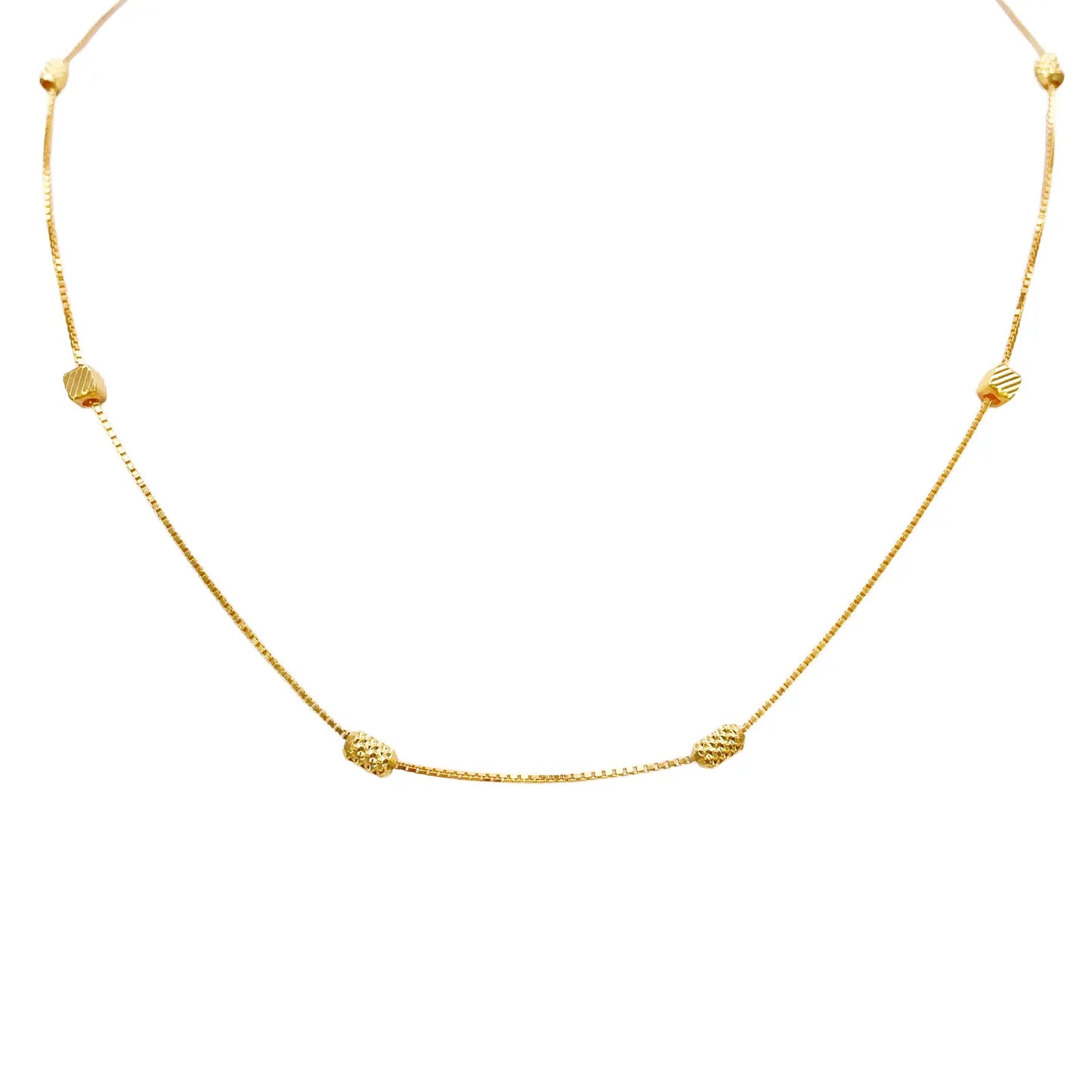 22ct Gold Beaded Necklace Diamond Cut Cube & Rounded Beads Box Chain 16 Inches 