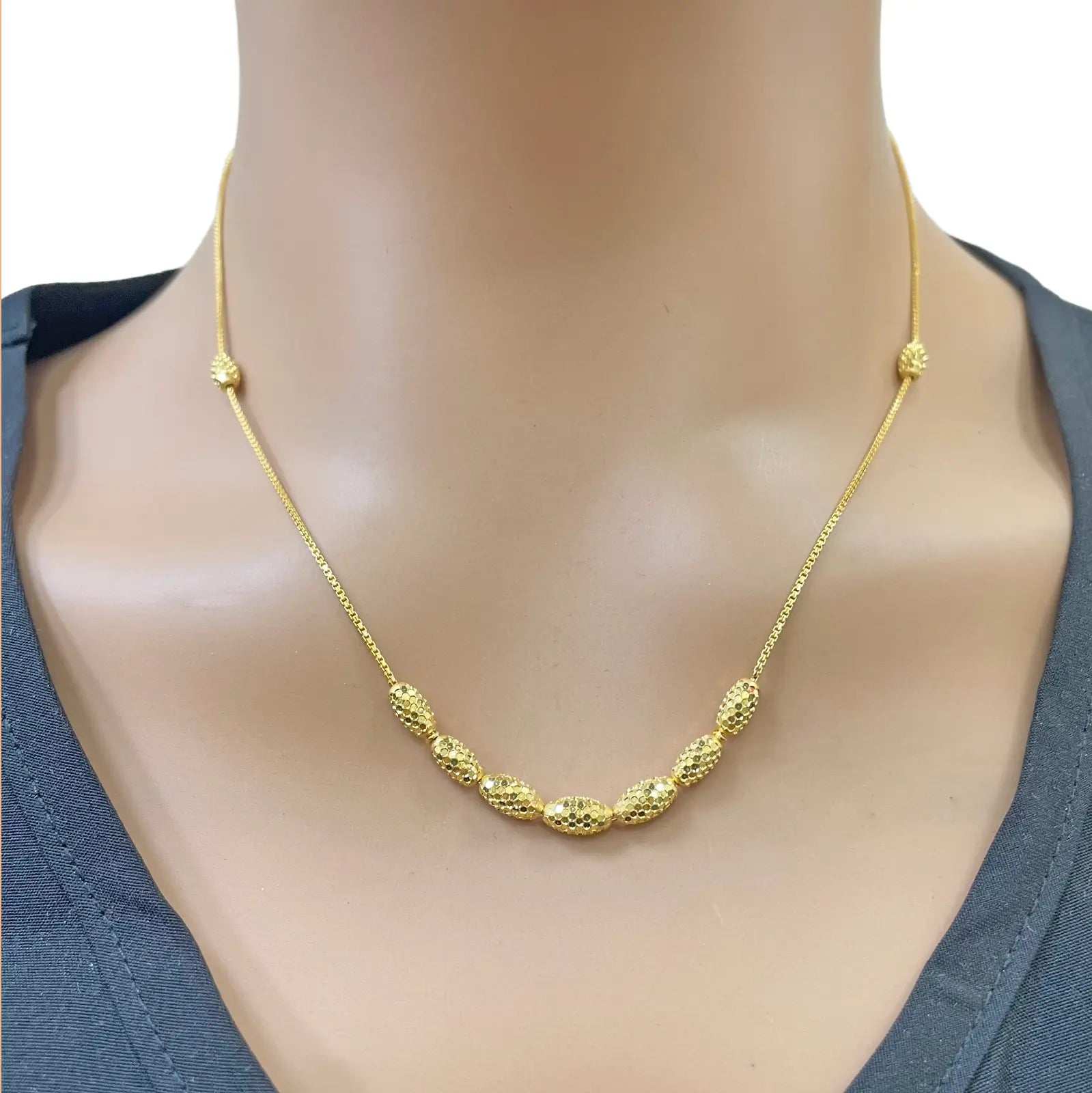 22ct Gold Beaded Necklace Sparkly Diamond Cut Oval Beads On A Box Chain 18 Inch¬†