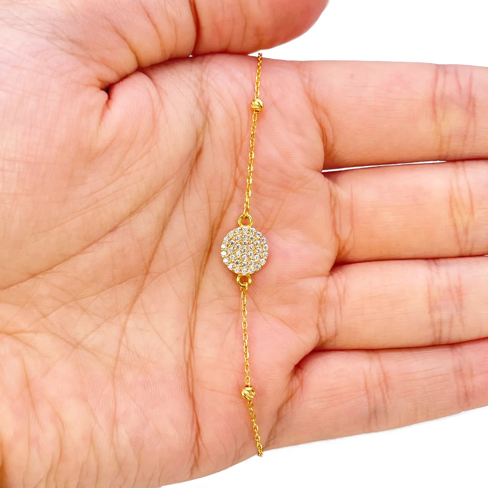 22ct Gold Dainty Beaded Cubic Zirconia Disc Bracelet Diamond Cut Lightweight 7 Inches 