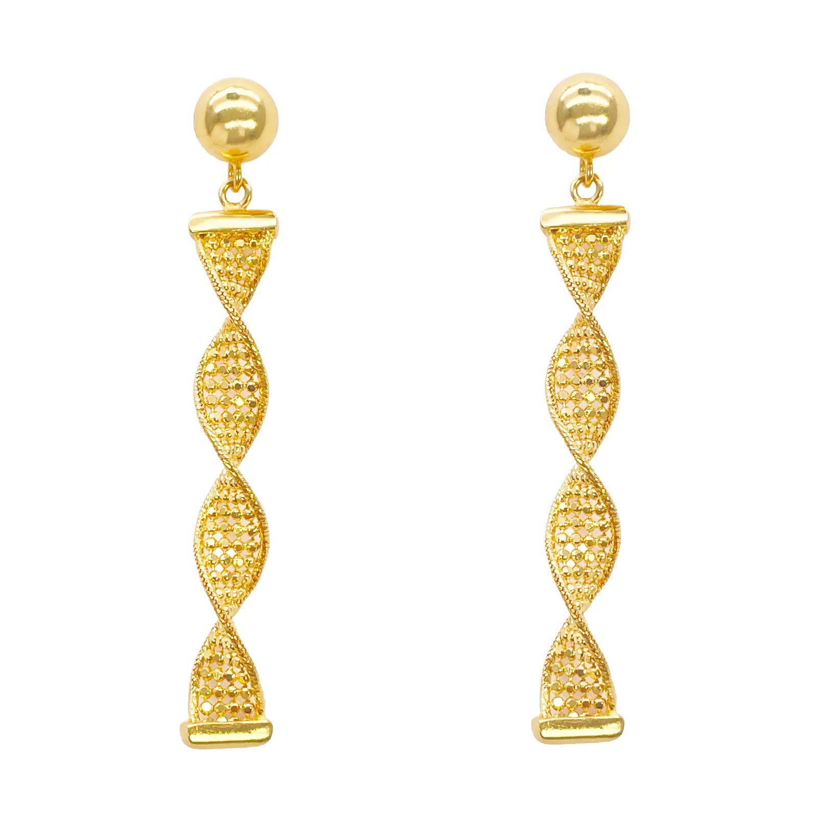 22ct Gold Drop Earrings Diamond Cut High Polished Twisted Studs 45x5.3mm 