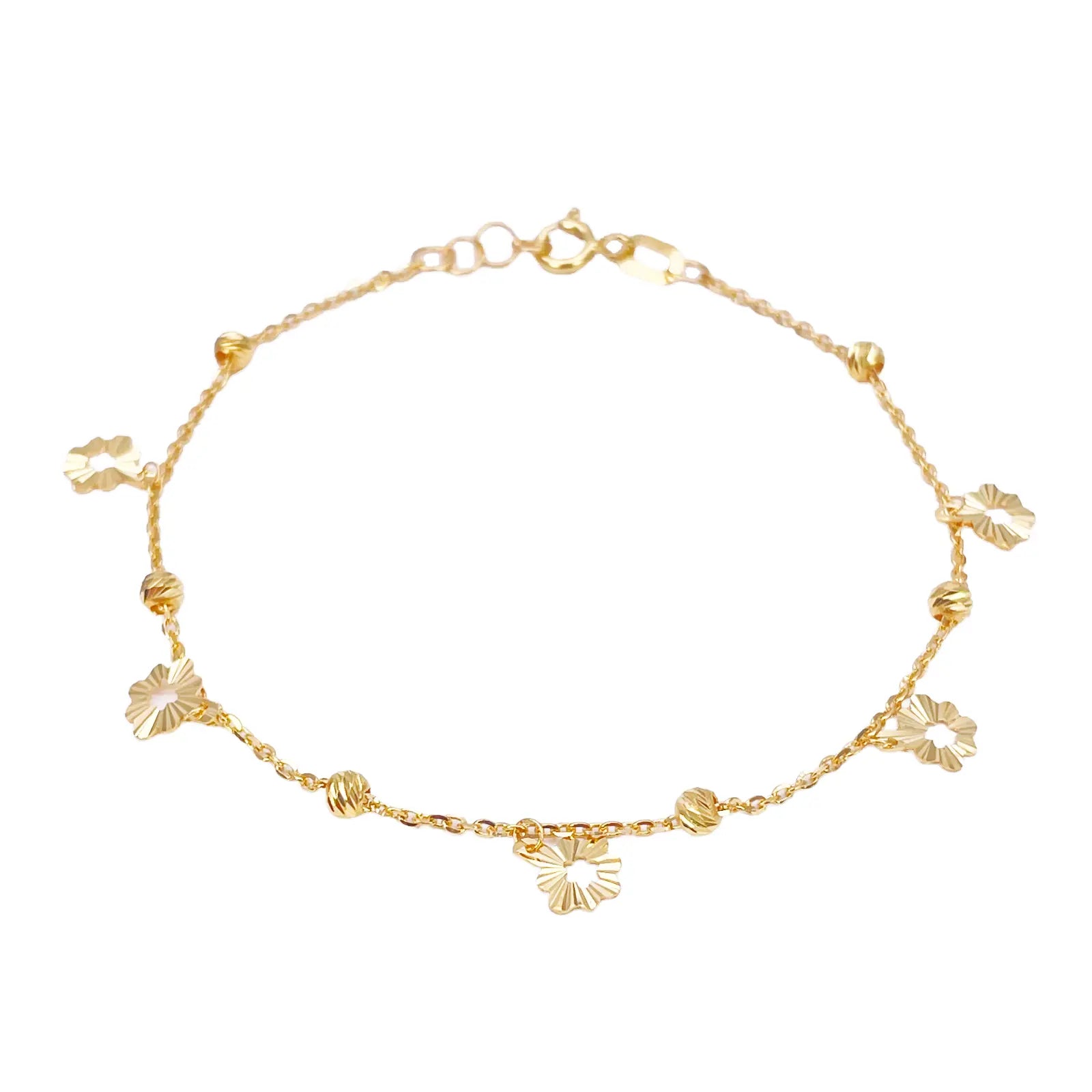 22ct Gold Flower Charm Drop & Diamond Cut Bead Cable Chain Bracelet 7 Inches¬†