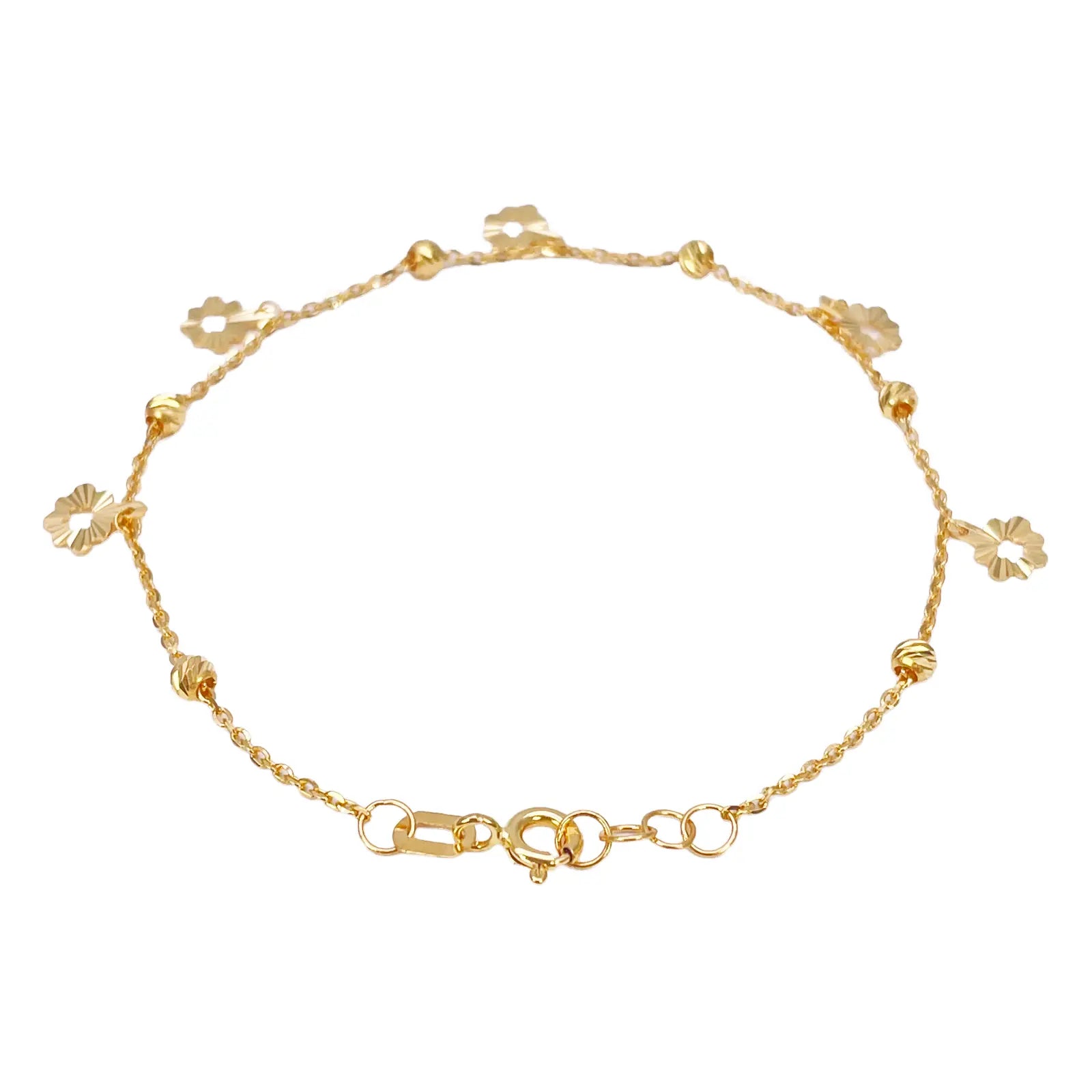 22ct Gold Flower Charm Drop & Diamond Cut Bead Cable Chain Bracelet 7 Inches¬†