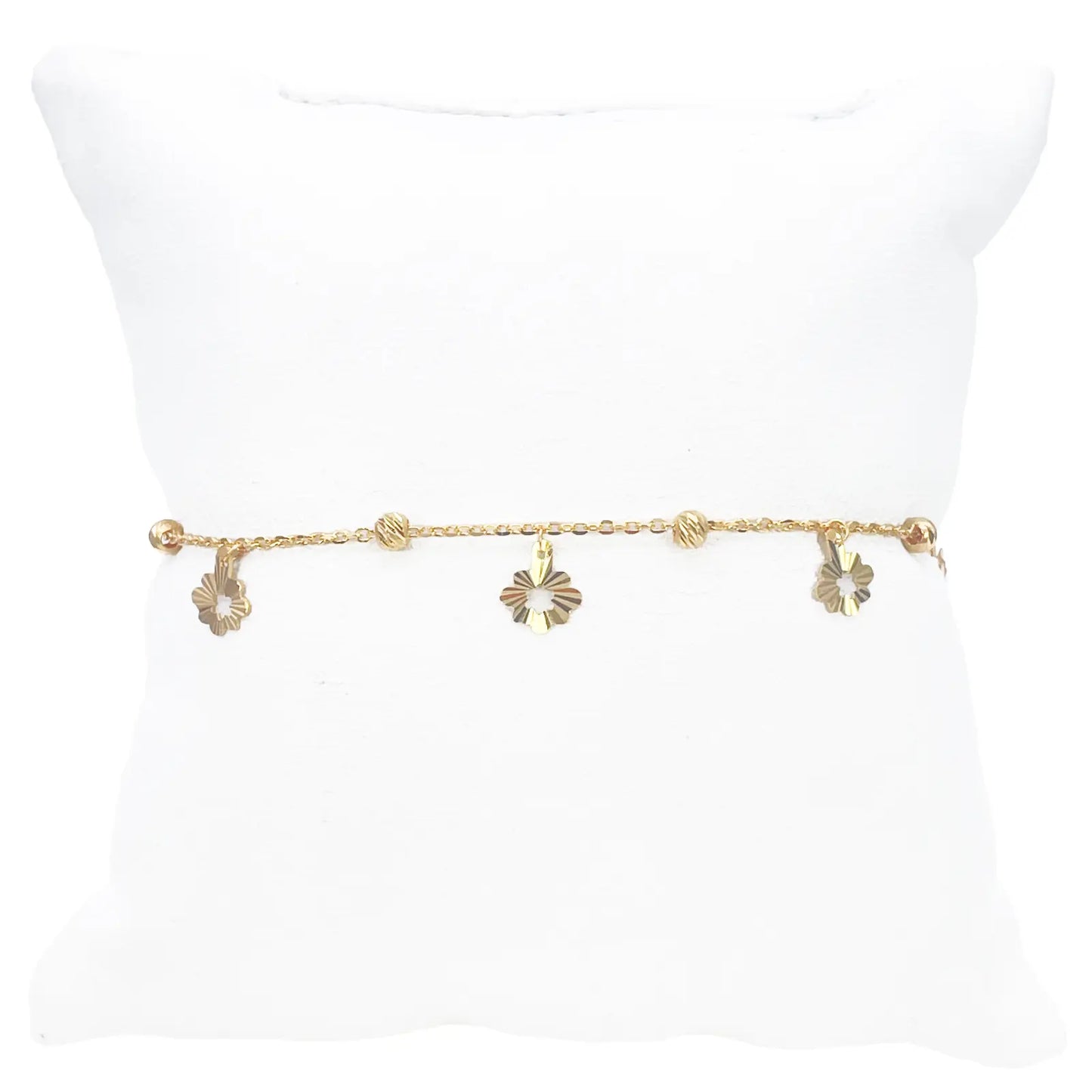 22ct Gold Flower Charm Drop & Diamond Cut Bead Cable Chain Bracelet 7 Inches¬†