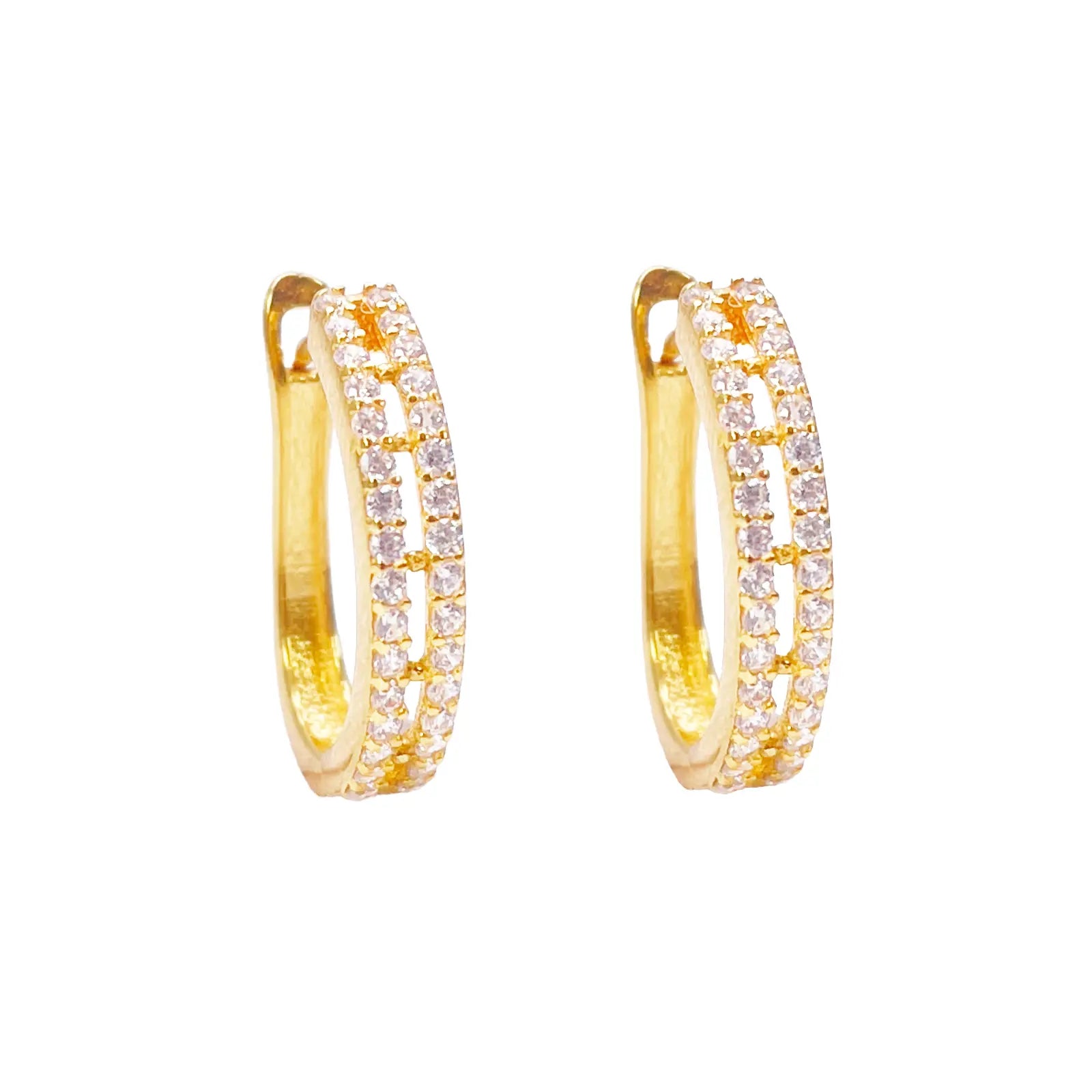 22ct Yellow Gold Beautiful Cubic Zirconia Two Row Huggies Hoop Earrings 10mm Inside Diameter 
