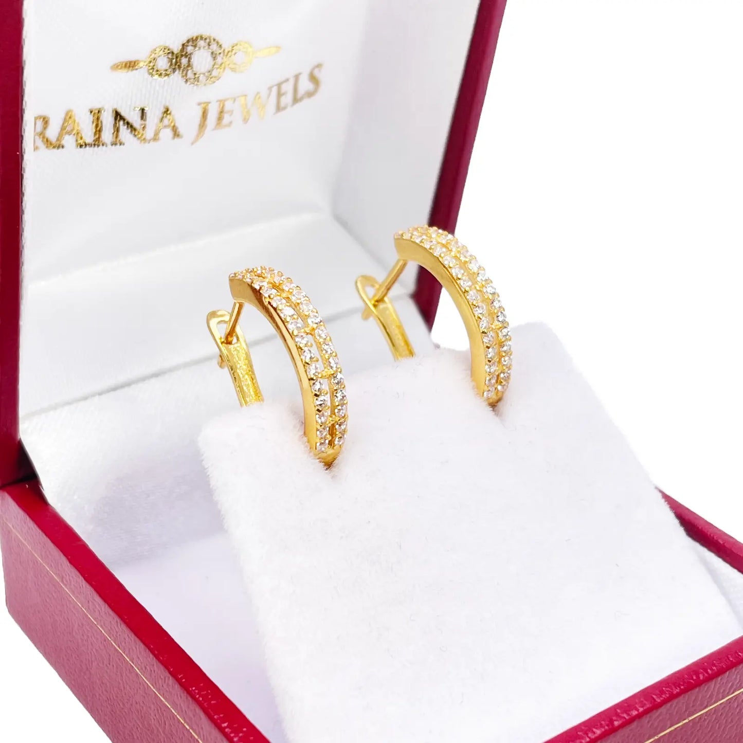 22ct Yellow Gold Beautiful Cubic Zirconia Two Row Huggies Hoop Earrings 10mm Inside Diameter 