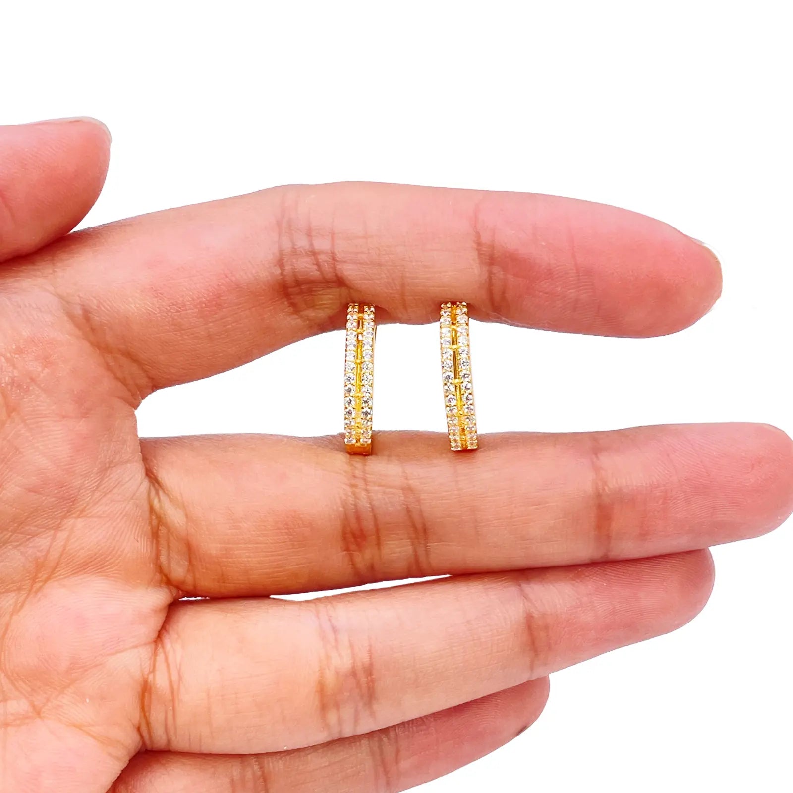 22ct Yellow Gold Beautiful Cubic Zirconia Two Row Huggies Hoop Earrings 10mm Inside Diameter 