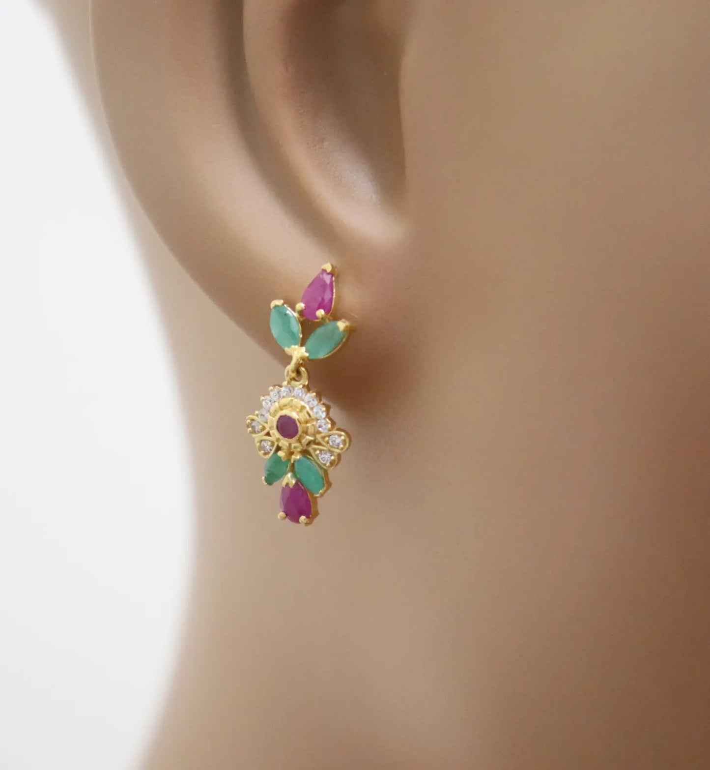 22ct Yellow Gold Cubic Zirconia, Ruby & Emerald 16 inch Necklace & Earrings Set 