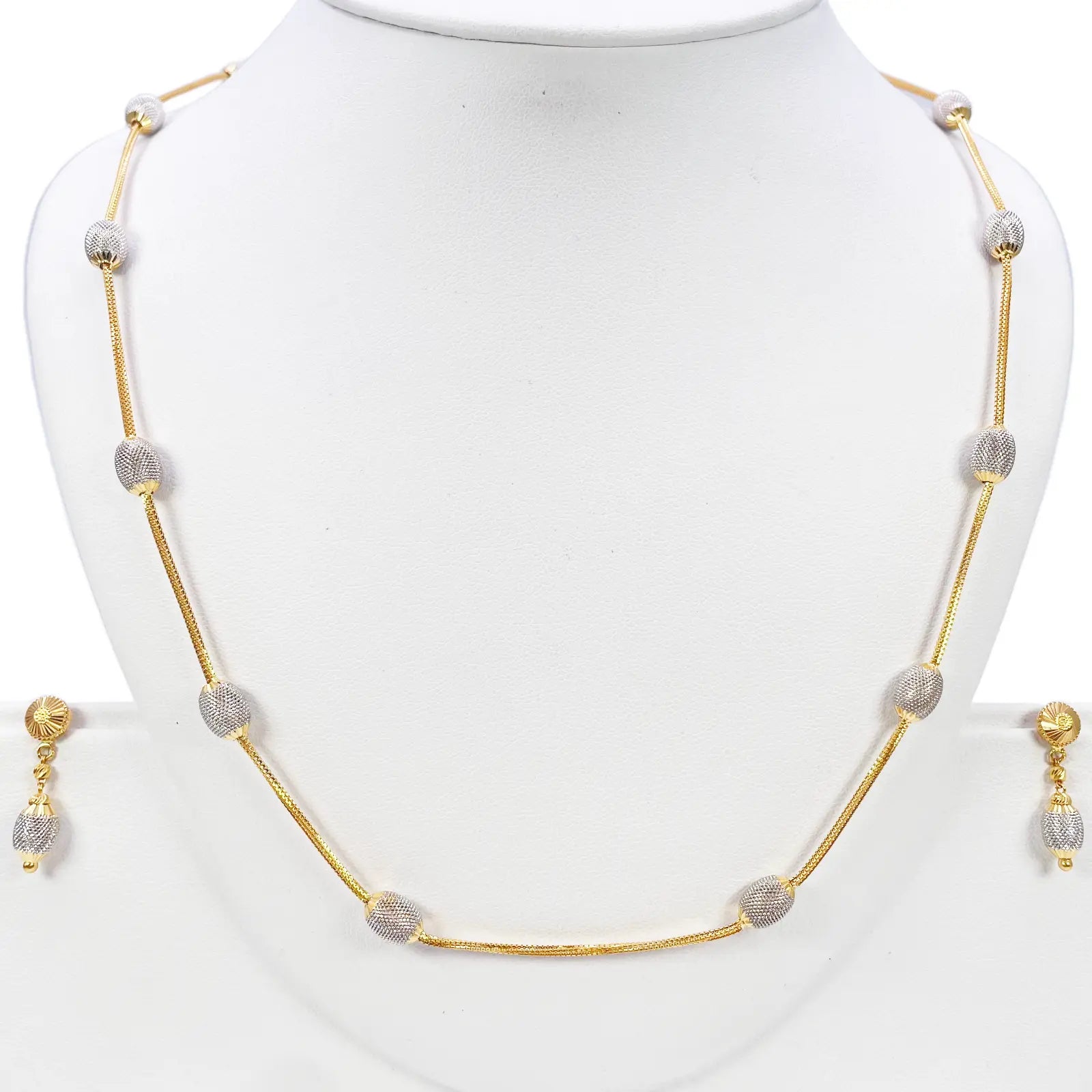 22ct Yellow Gold Diamond Cut Two Tone Beaded Slip-On Necklace & Drop Earrings 