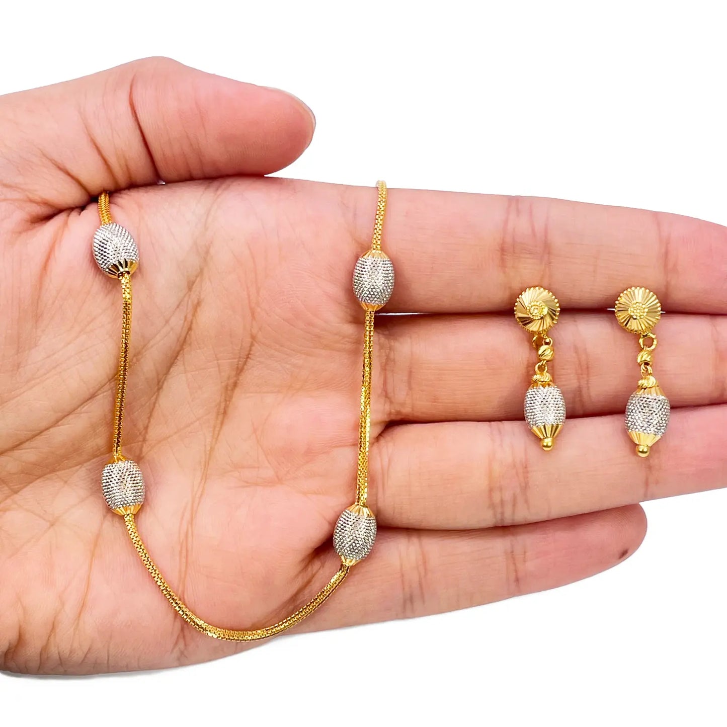 22ct Yellow Gold Diamond Cut Two Tone Beaded Slip-On Necklace & Drop Earrings 