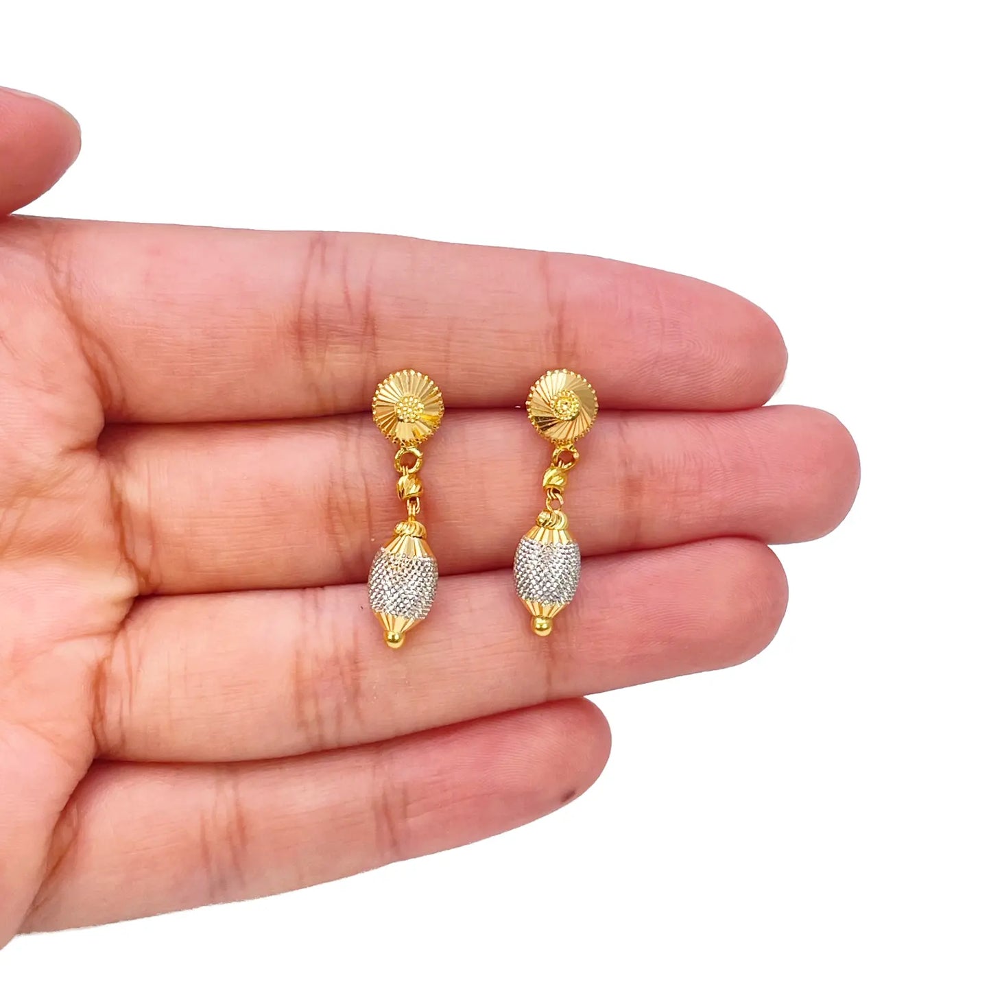 22ct Yellow Gold Diamond Cut Two Tone Beaded Slip-On Necklace & Drop Earrings 