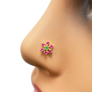 22ct Yellow Gold Floral Shaped Red & Green Gemstone Nose Pin/Stud 5.9mm Width 