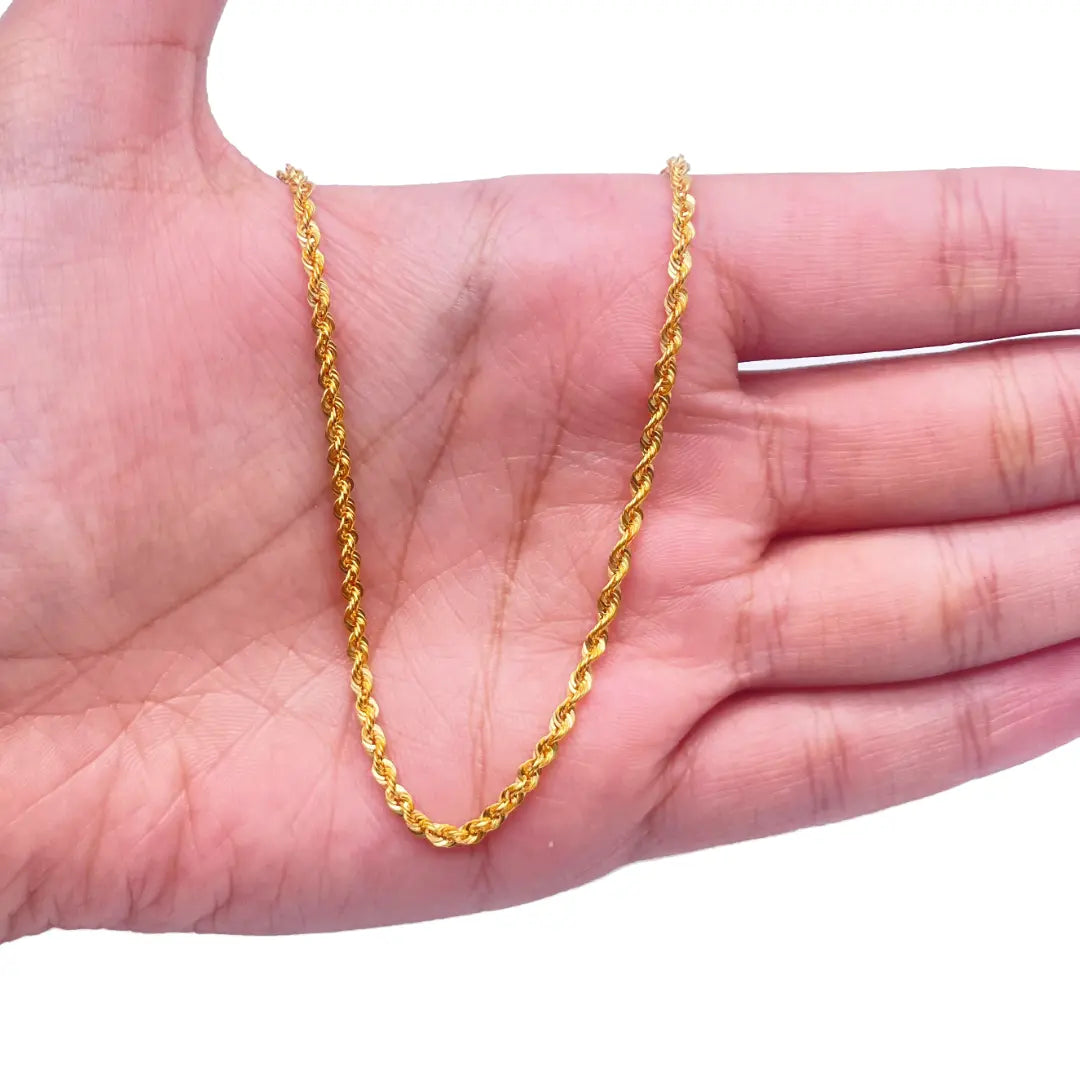 22ct Yellow Gold Lightweight Hollow Rope Chain Necklace 20 Inches 2.2mm Width 