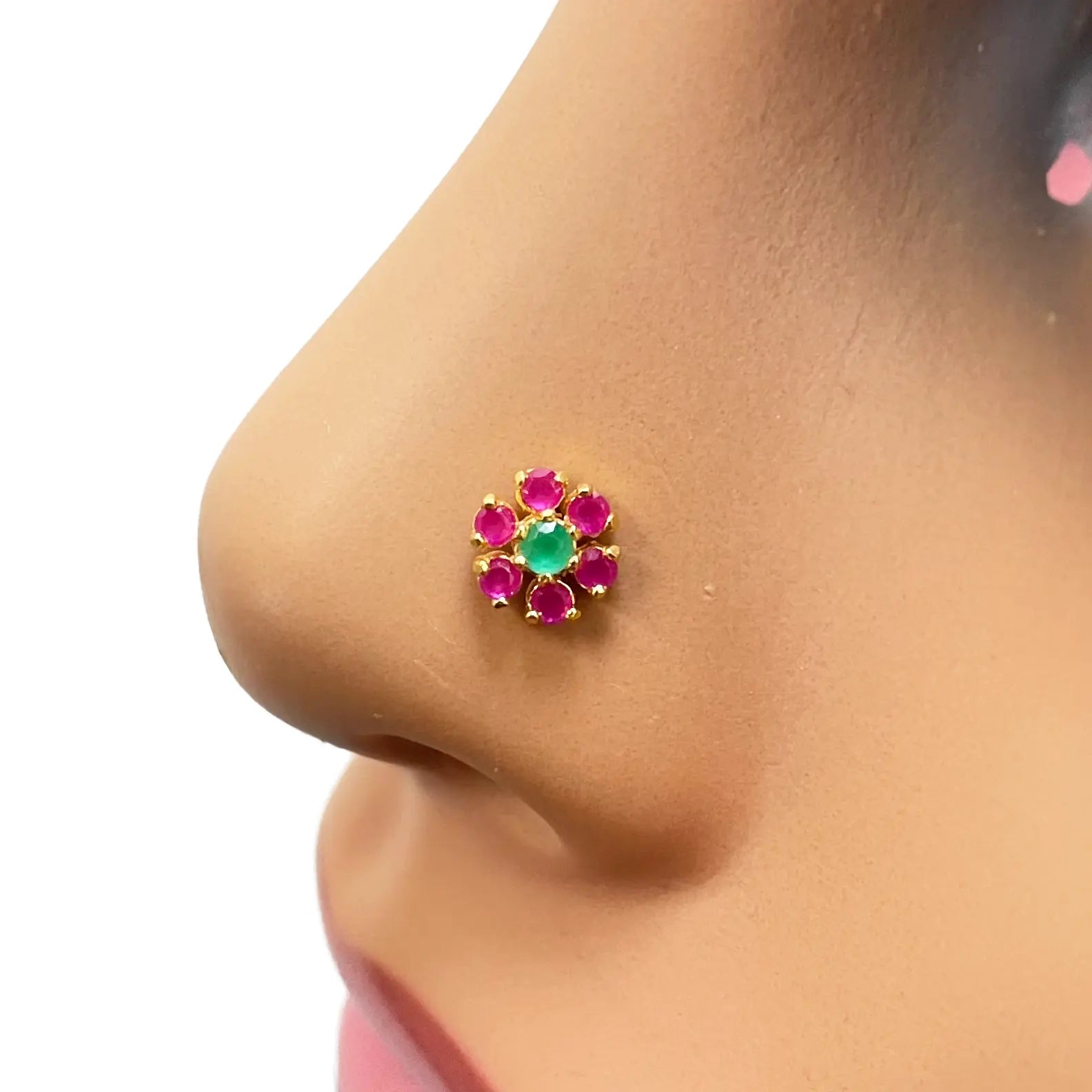 22ct Yellow Gold Red & Green Flower Shaped Gemstone Nose Pin/Stud 6mm Width 