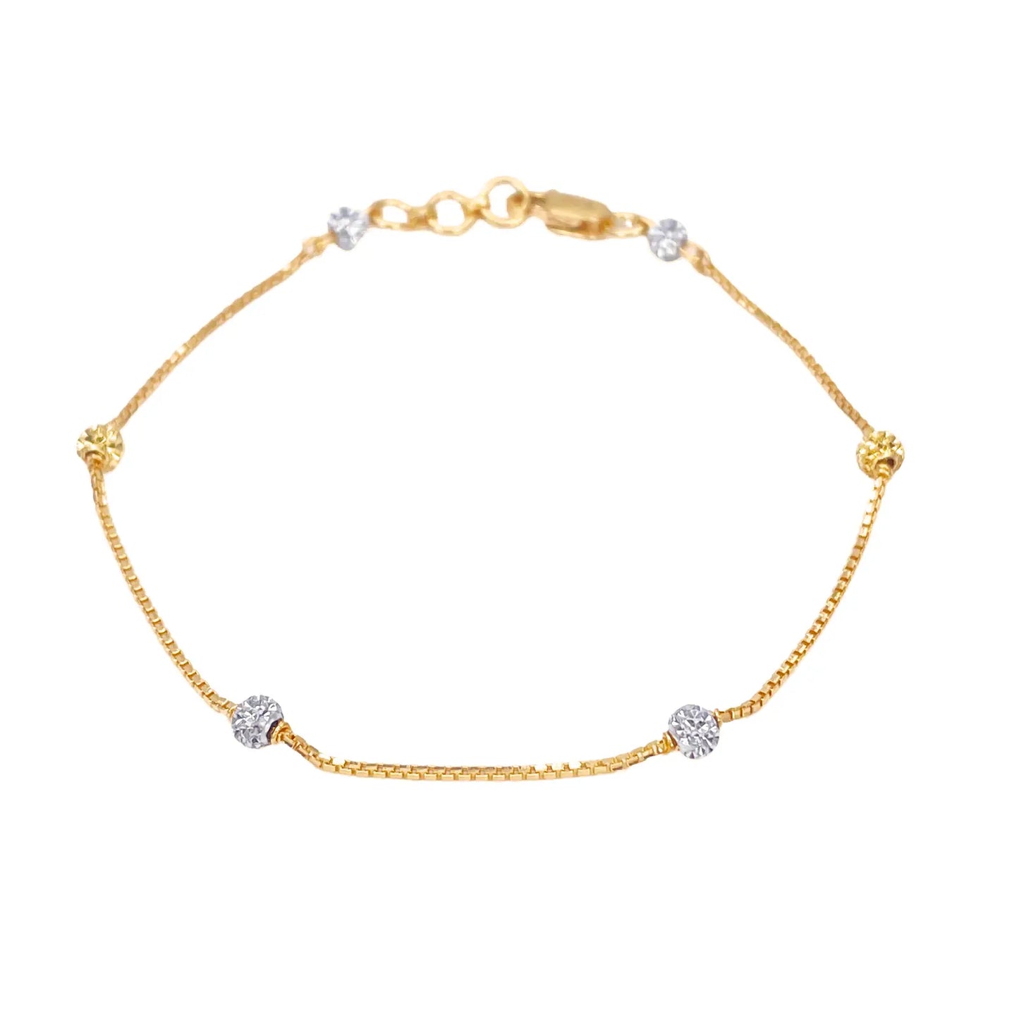 22ct Yellow Gold Six Beaded Two-Tone Diamond Cut Box Chain Bracelet 7 Inches 