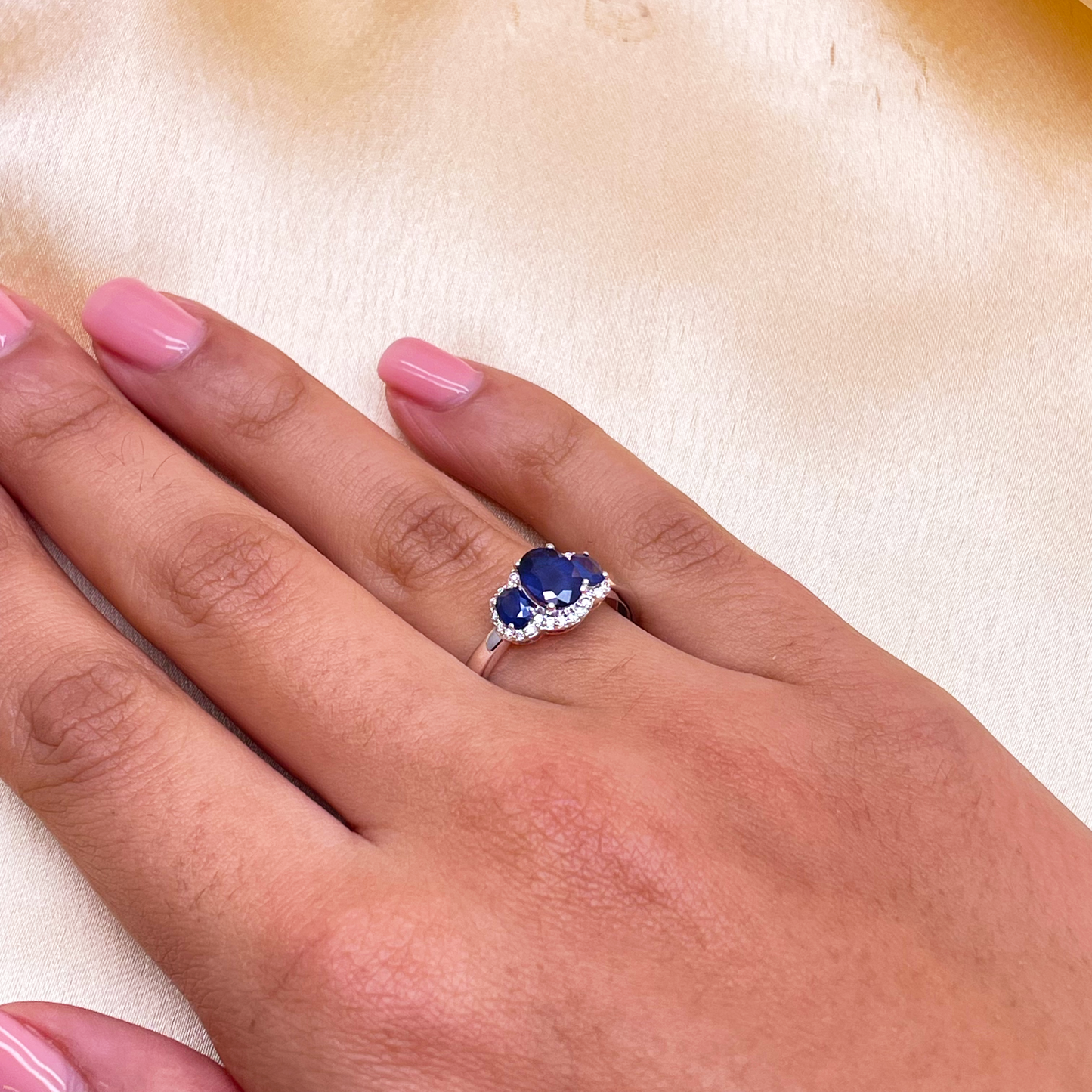 18ct White Gold Sapphire & Diamond Trilogy Halo Ring Oval 1.76ct