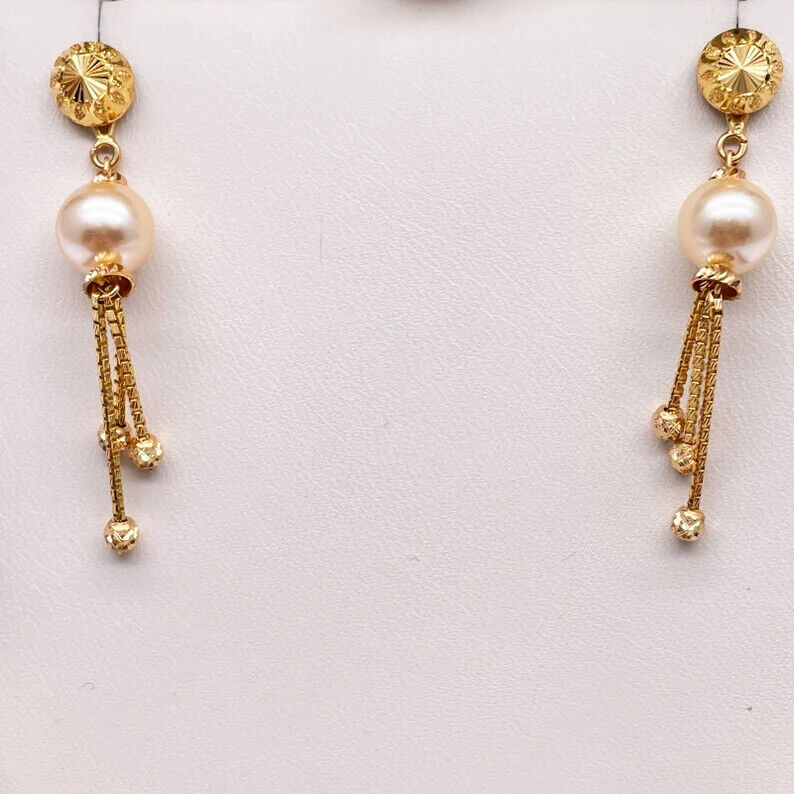 Parure Collier/Boucles d'oreilles superposés, en Or jaune 22 carats, avec perles et billes diamantées