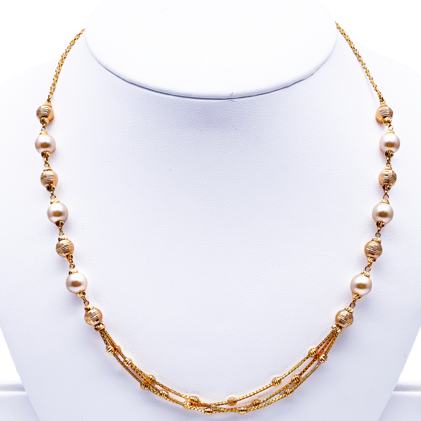 Parure Collier/Boucles d'oreilles superposés, en Or jaune 22 carats, avec perles et billes diamantées