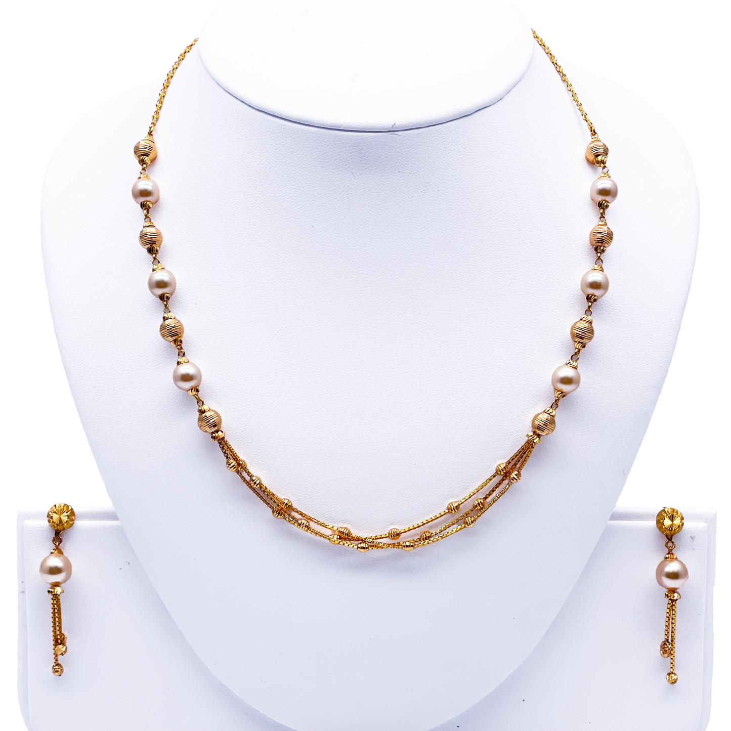 Parure Collier/Boucles d'oreilles superposés, en Or jaune 22 carats, avec perles et billes diamantées