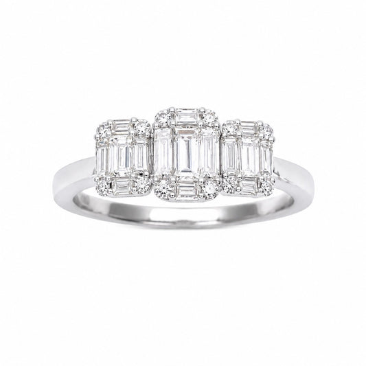Bague trilogie en or blanc 18 carats avec diamants ronds et baguettes 0,58 carat