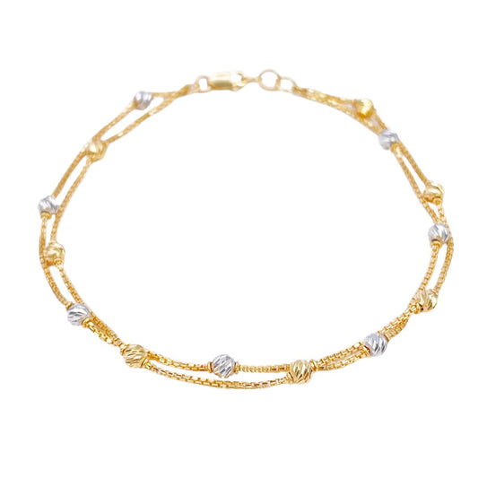 22 Karat Gelbgold Doppelreihiges Armband mit zweifarbigen Diamantschliff-Perlen