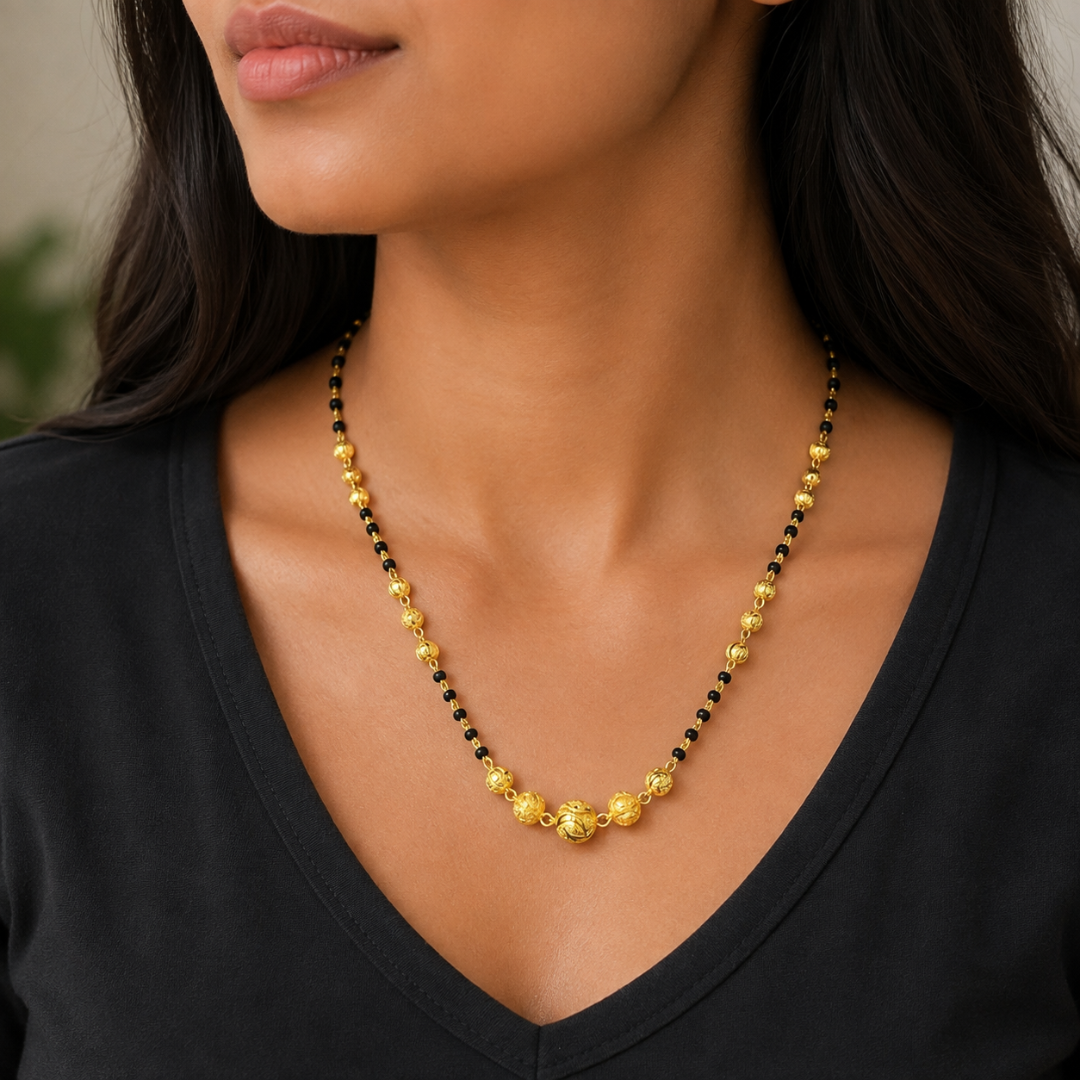 22 Karat Gelbgold Diamantgeschliffene Perlen-Mangalsutra-Halskette 18,5