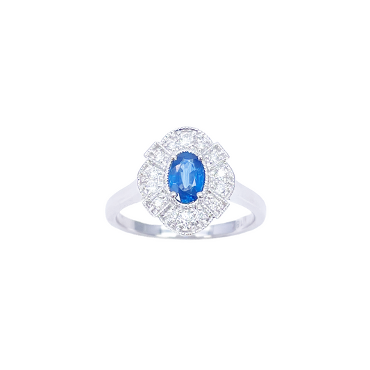 Bague Milgrain en Or Blanc 18 carats, Saphir Bleu Ovale et Diamants 0.65ct