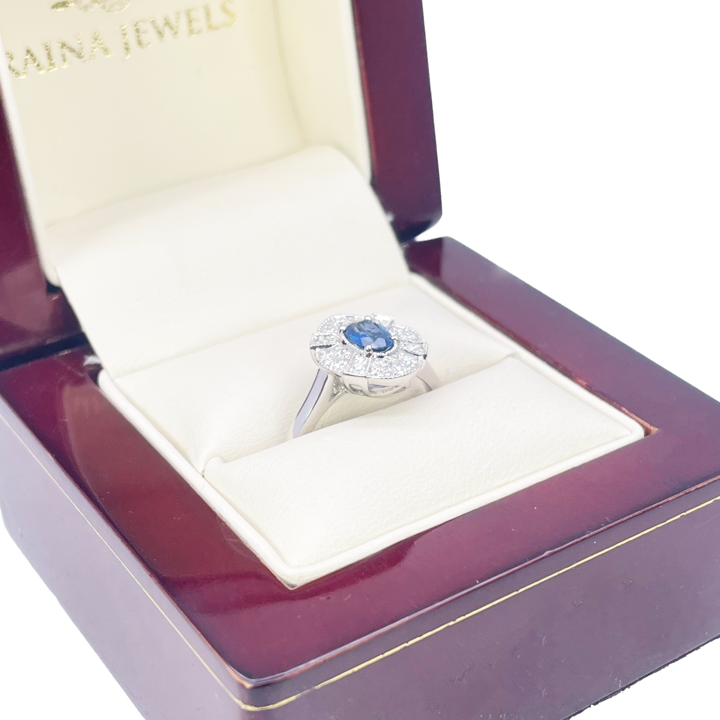 Bague Milgrain en Or Blanc 18 carats, Saphir Bleu Ovale et Diamants 0.65ct