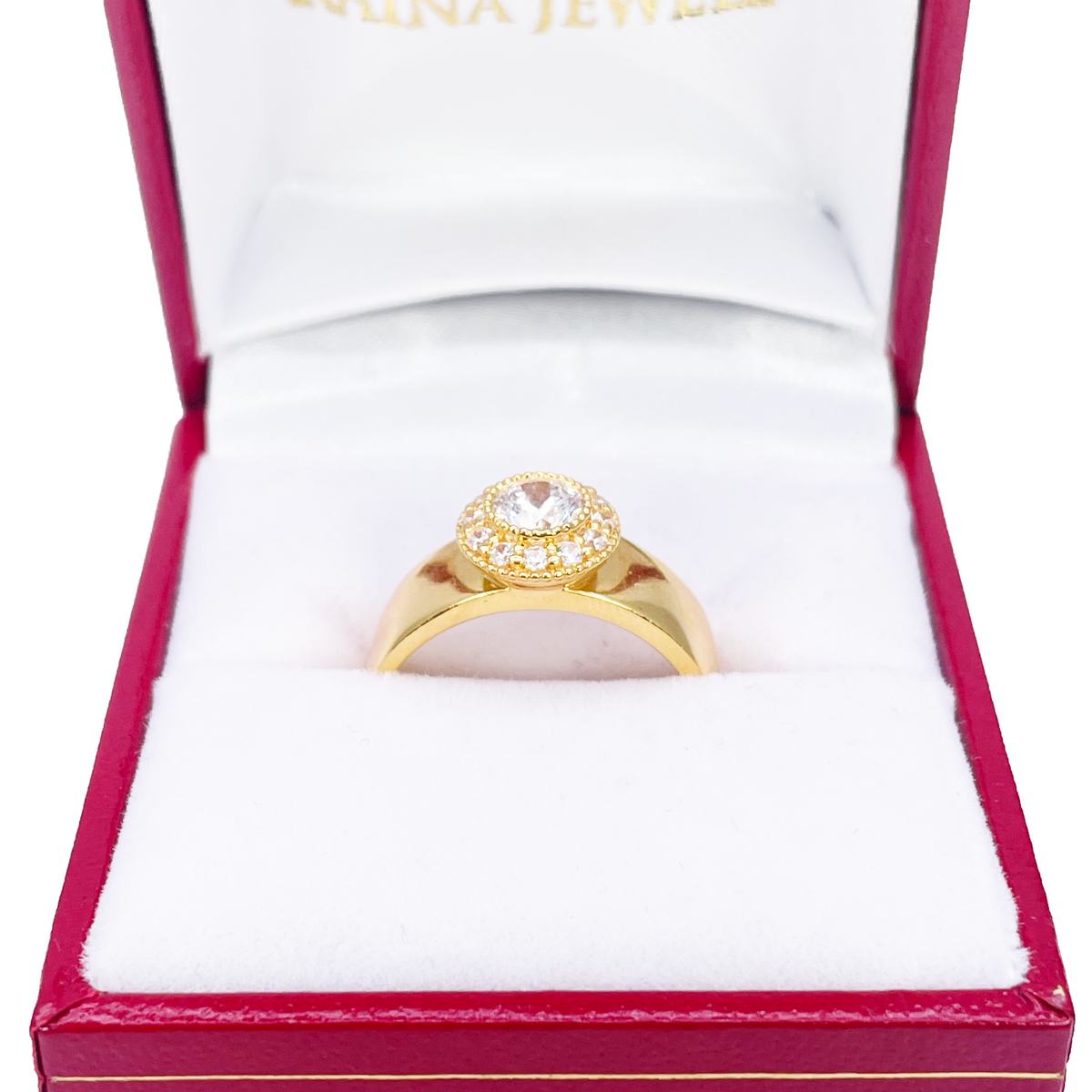 22 Karat Gold Zirkonia Halo Ring Hochglanzpoliert 8,6 mm Breite