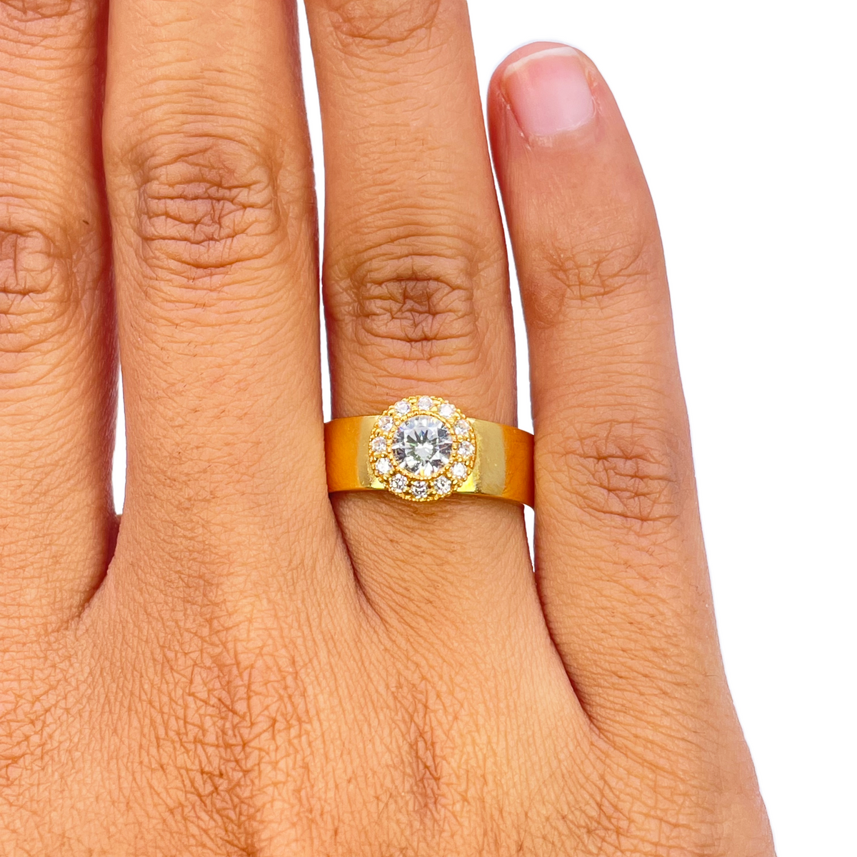 22 Karat Gold Zirkonia Halo Ring Hochglanzpoliert 8,6 mm Breite