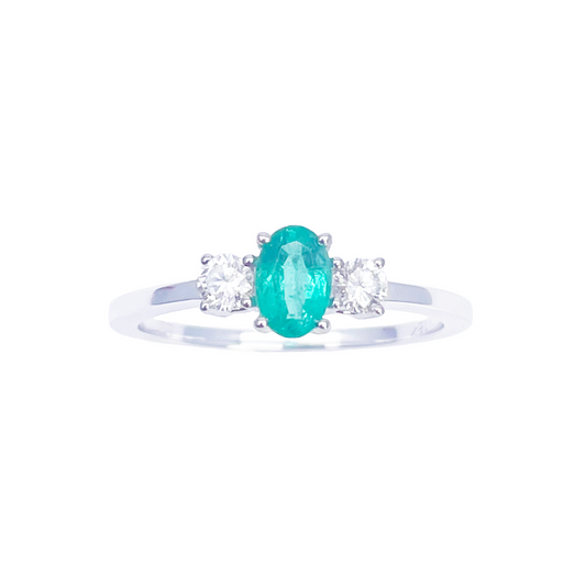 18 Karat Gold Smaragd Diamant Ring Natur Rund & Oval Schliff Drei-Stein 0,60 Karat