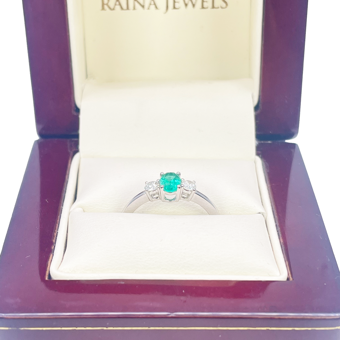 18 Karat Gold Smaragd Diamant Ring Natur Rund & Oval Schliff Drei-Stein 0,60 Karat