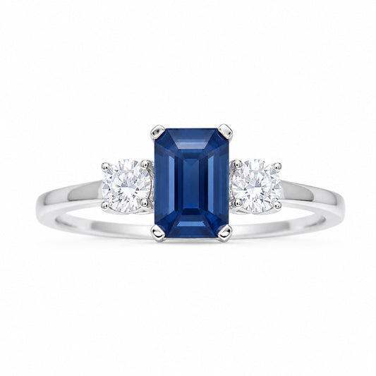 18 Karat Gold Saphir Diamant Ring Natur Rund & Smaragdschliff Drei-Stein 1.47ct