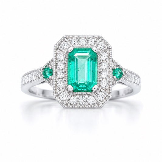 18ct Gold Natural Emerald Diamond Ring Round & Emerald Cut 0.80ct