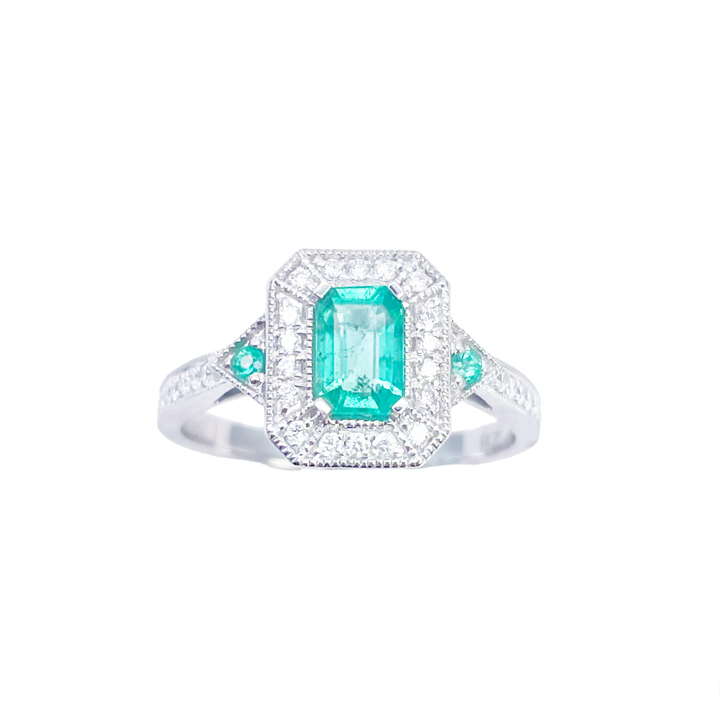 Bague en or 18 carats avec émeraudes naturelles et diamants taille ronde et émeraude 0,80 ct