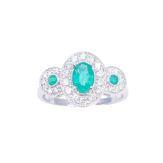 18 Karat Gold Ring mit natürlichen Smaragden und Diamanten, rund & oval geschliffen, 0,80 ct